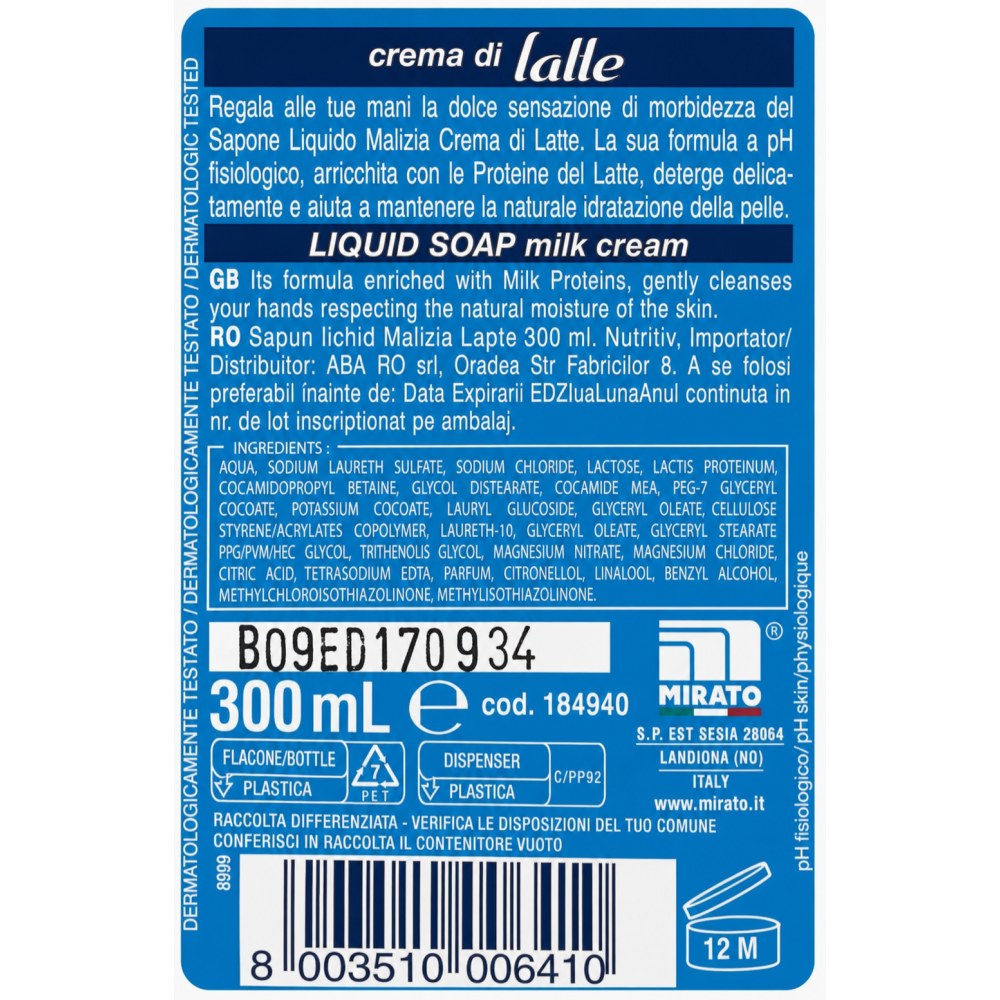 Otro lado del empaque de Jabón Líquido Crema de Leche Malizia - 300 ml