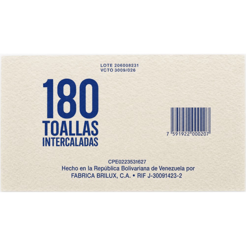 Otro lado del empaque de Toallas Intercaladas Brilux -  180 Unidades