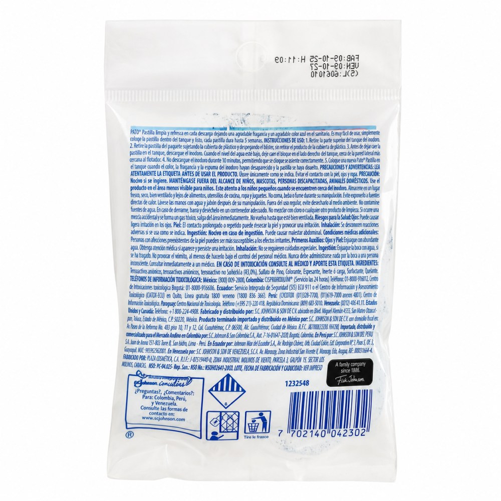 Otro lado del empaque de Pato Pastilla Limpiadora de Sanitario 40 g