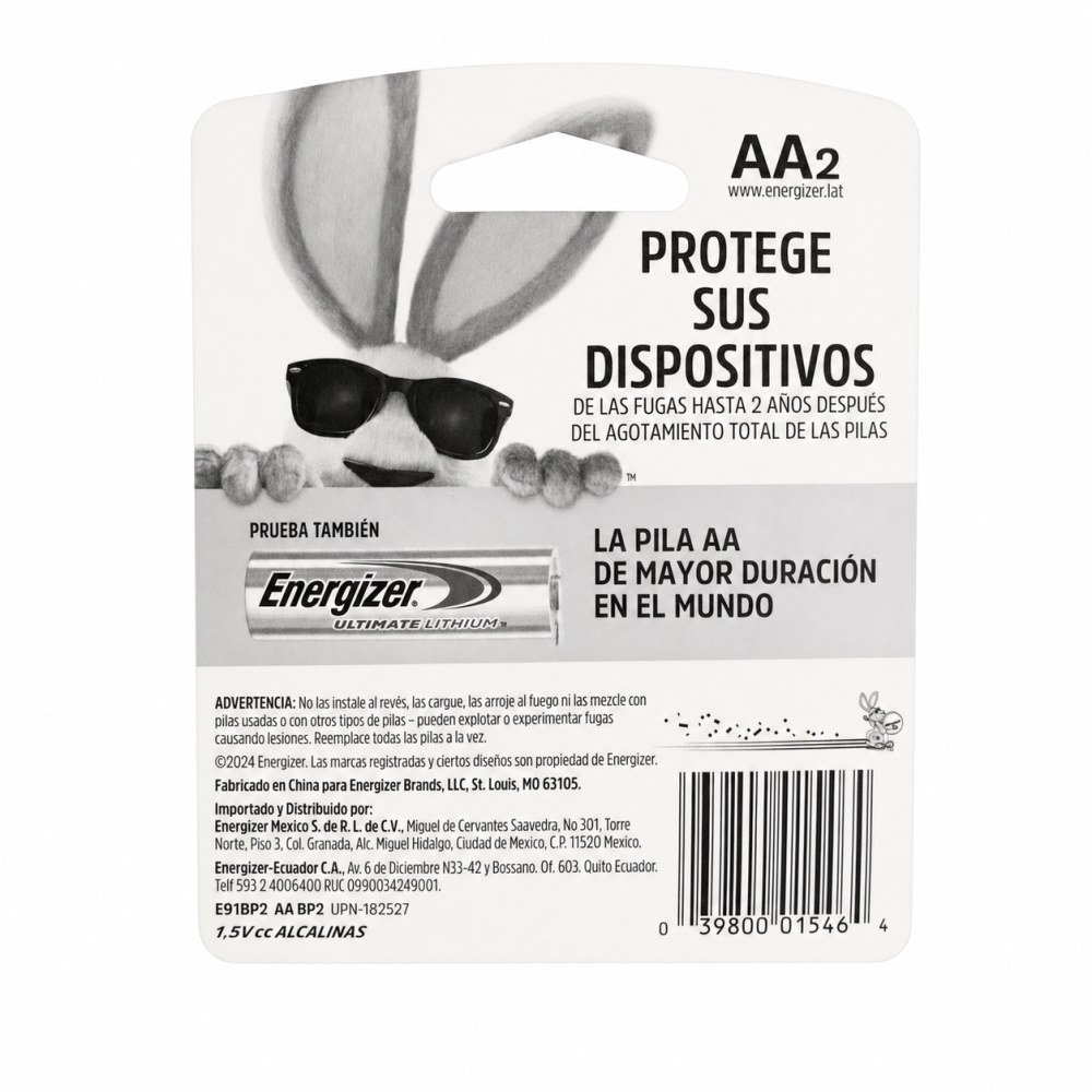 Otro lado del empaque de Pilas Alcalinas Energizer Max AA - 2 Pilas