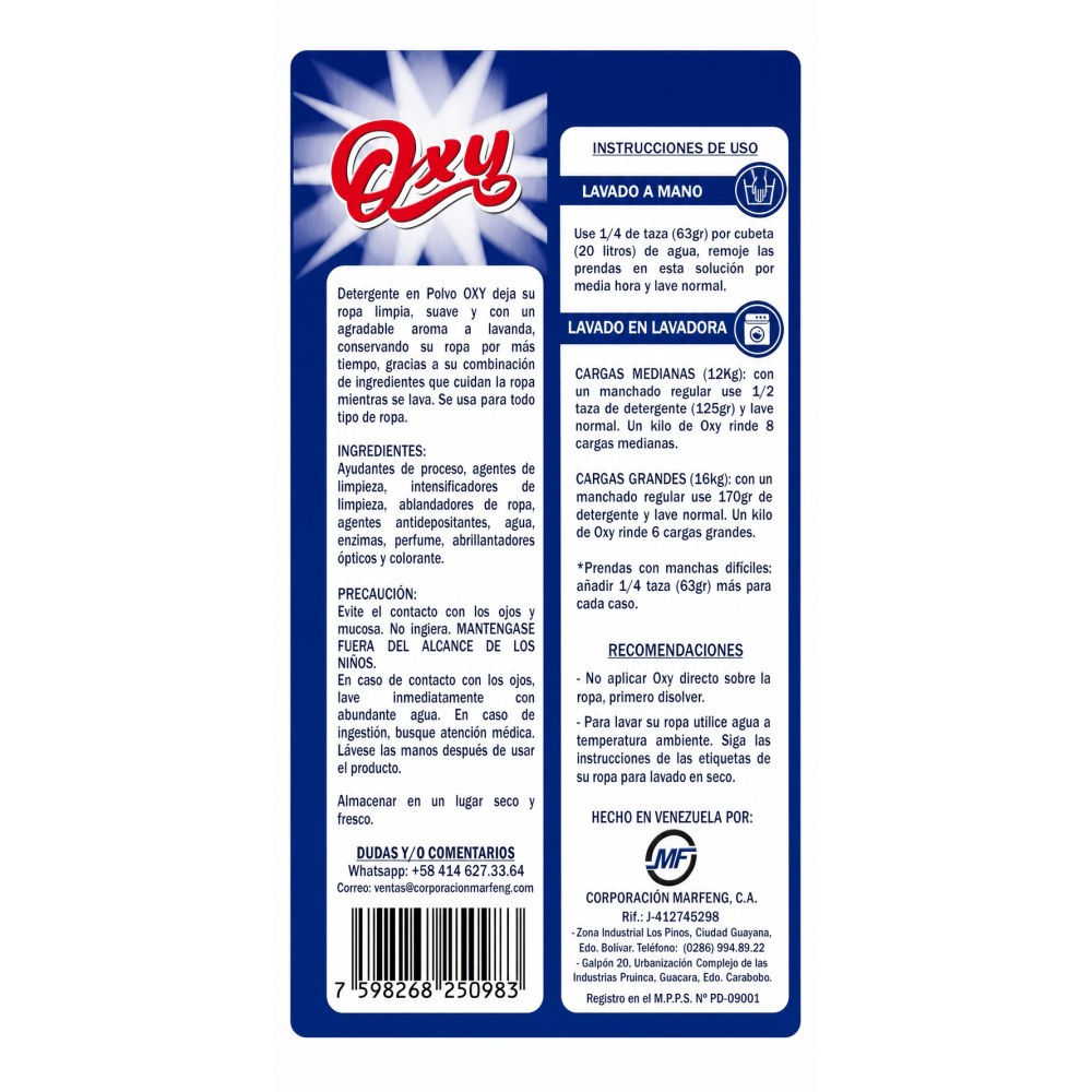 Otro lado del empaque de Detergente en Polvo Oxy Blancos Brillantes 1 kg