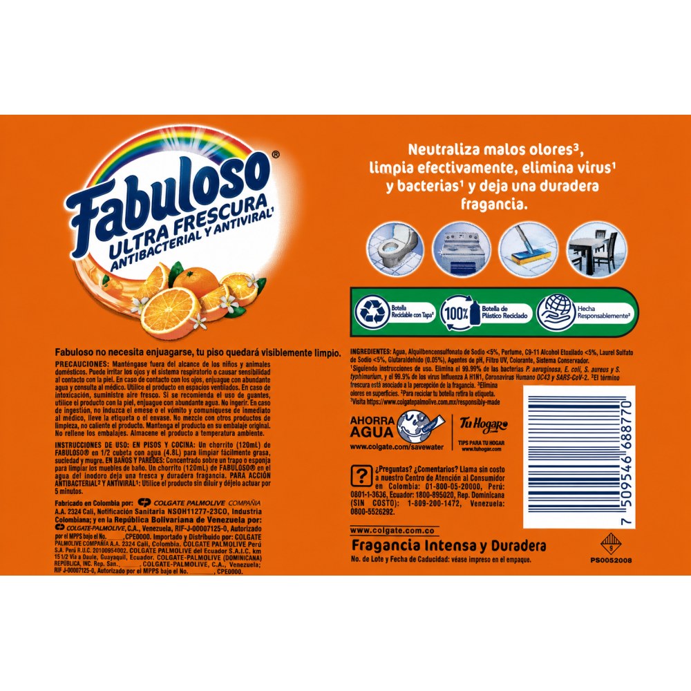 Otro lado del empaque de Fabuloso Limpiador Ultra Frescura Energía Naranja 1 Litro