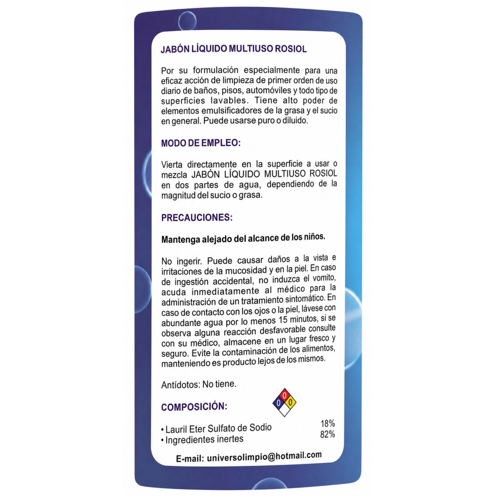 Otro lado del empaque de Rosiol Jabón Líquido Multiuso 3,785 Litros