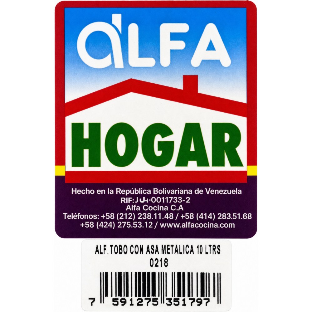 Otro lado del empaque de Tobo con Asa Metálica Alfa Hogat - 10 Litros