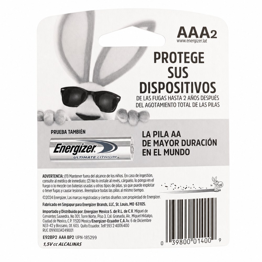 Otro lado del empaque de Pilas Alcalinas Energizer Max AAA - 2 Pilas
