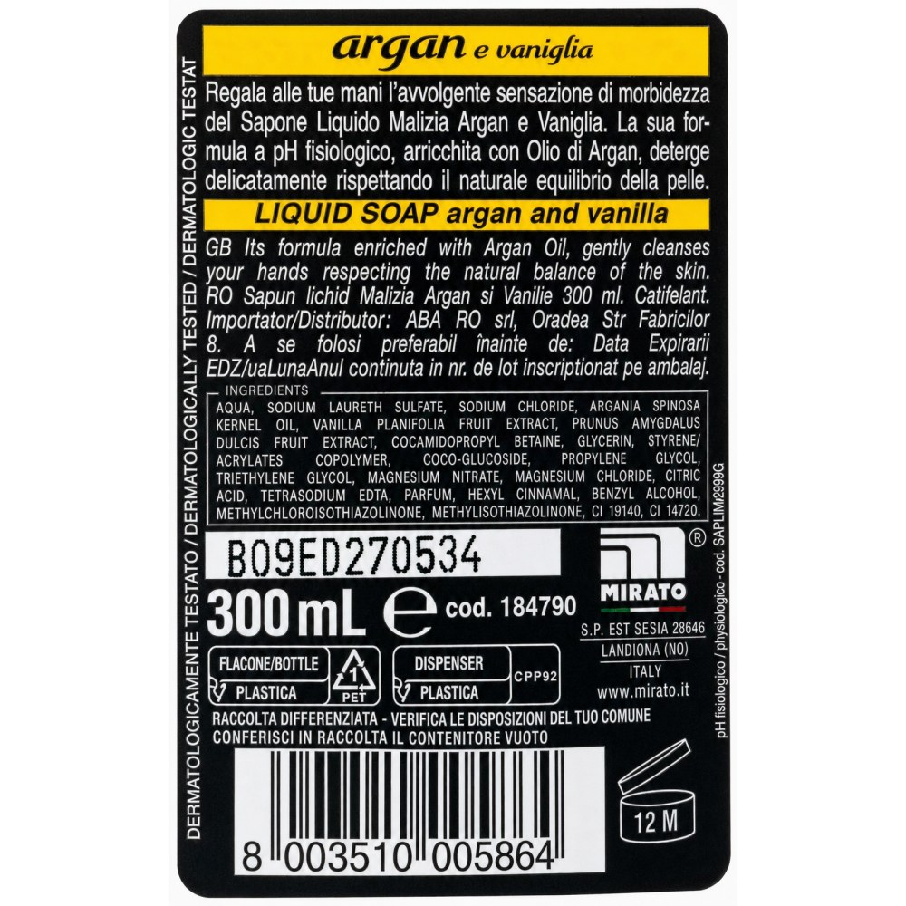 Otro lado del empaque de Jabón Líquido Argán y Vainilla Malizia - 300 ml