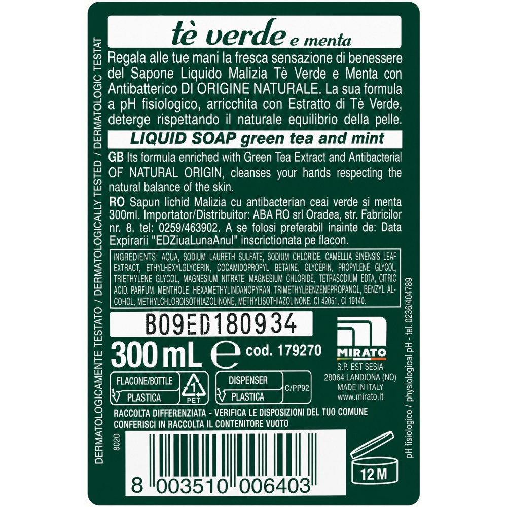 Otro lado del empaque de Jabón Líquido Antibacterial Té Verde y Menta Malizia - 300 ml