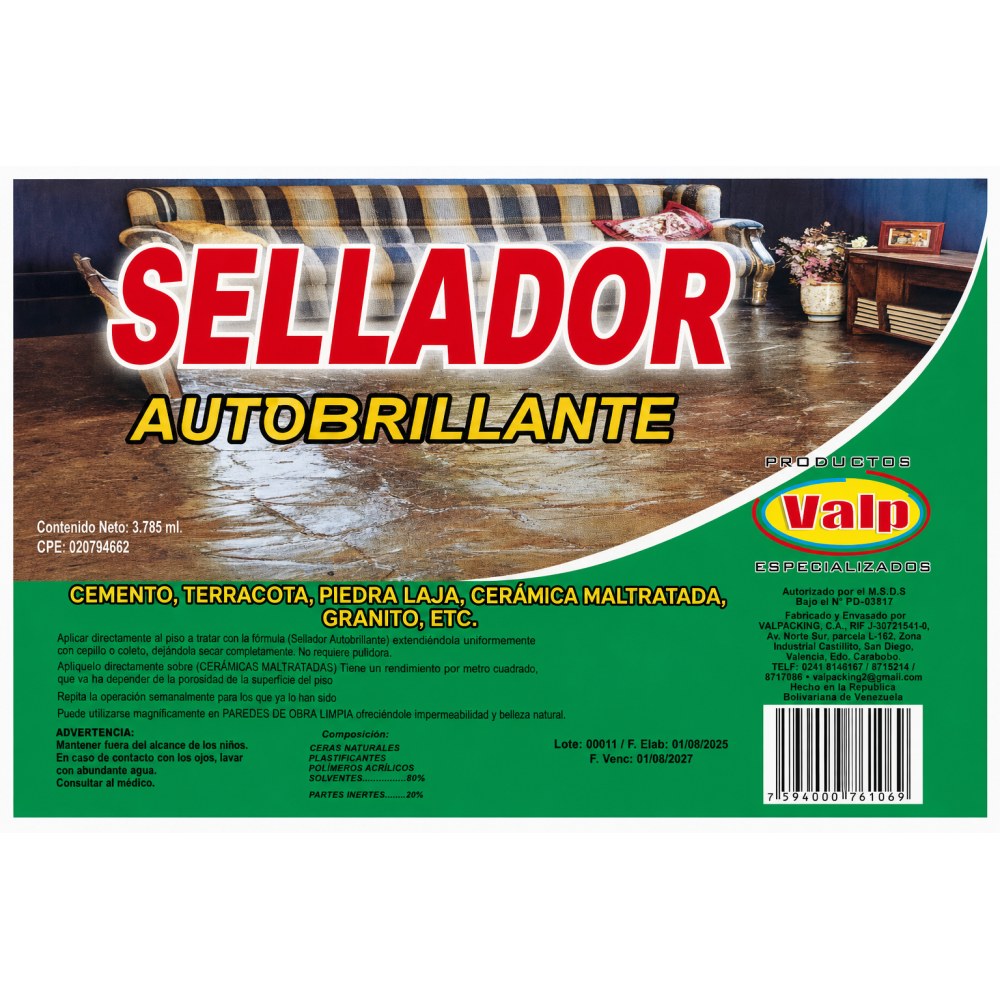 Otro lado del empaque de Sellador Autobrillante Valp - 3,785 Litros