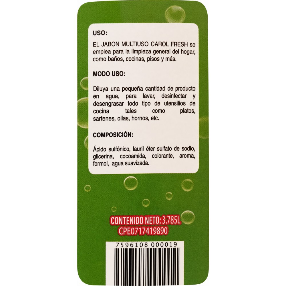 Otro lado del empaque de Jabón Multiuso Carol Fresh Clean Limón - 3.785 Litros