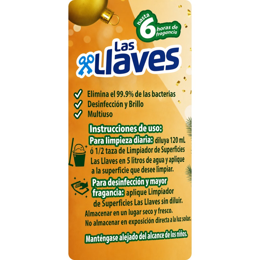 Otro lado del empaque de Las Llaves Limpiador de Superficies - Fragancia Hogar Navideño - 1 Litro