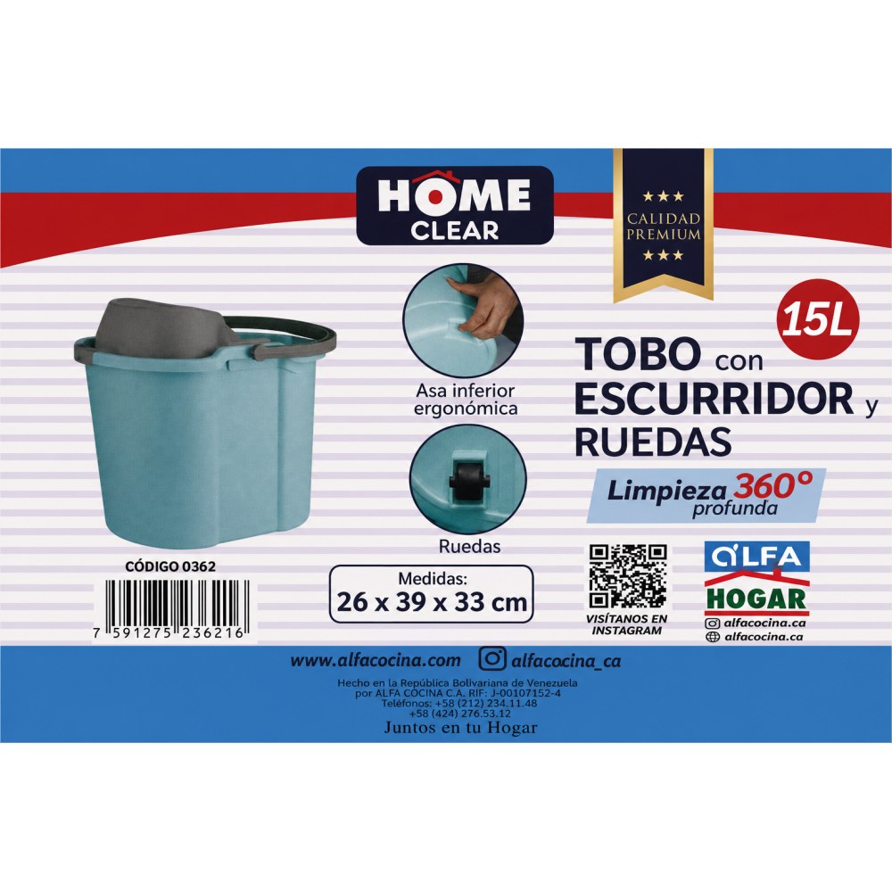 Otro lado del empaque de Tobo con Escurridor y Ruedas Home Clear - 15 Litros