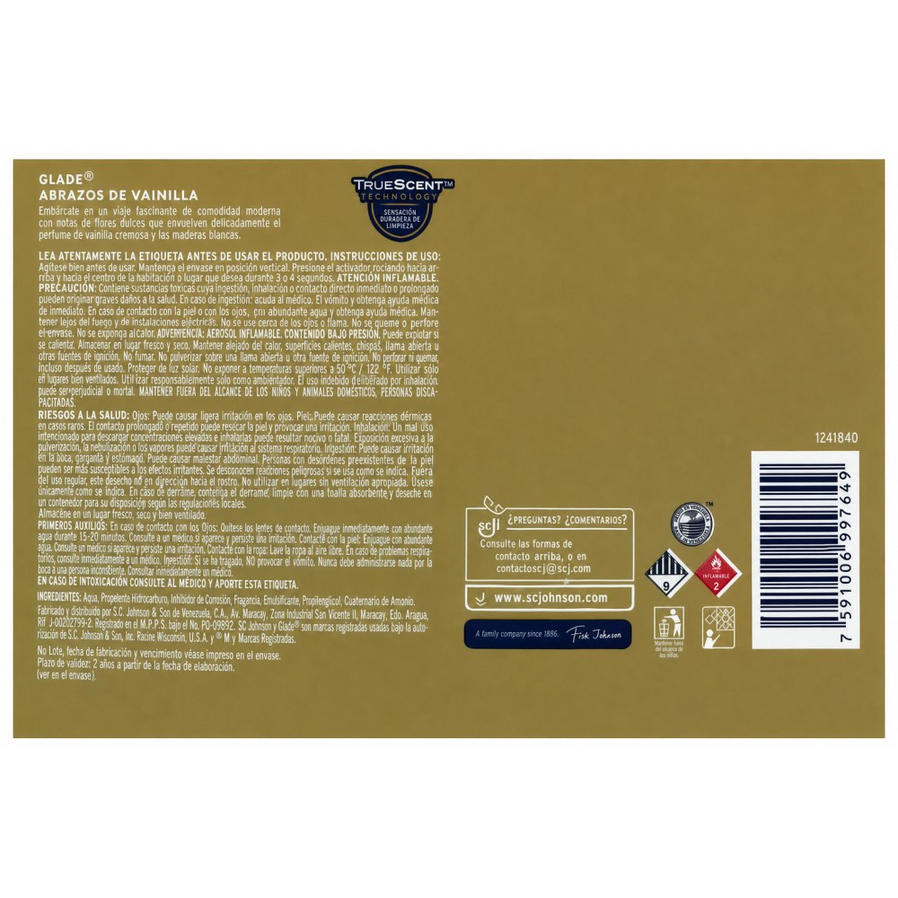 Otro lado del empaque de Glade Aromatizante Aerosol Abrazos de Vainilla 360 ml