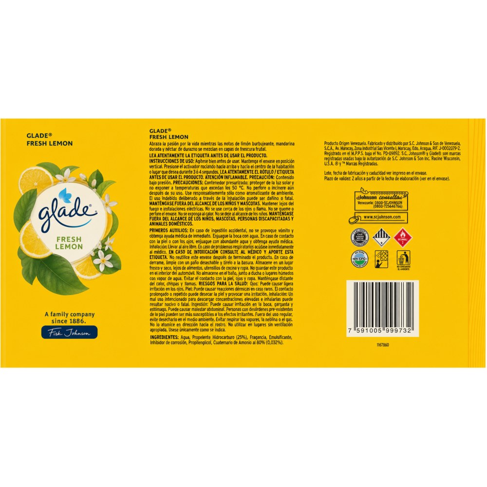 Otro lado del empaque de Glade Aromatizante en Aerosol Fresh Lemon 360 ml