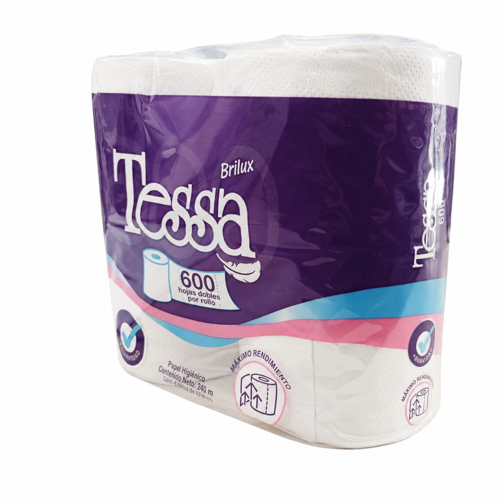 Otro lado del empaque de Papel Higiénico Brilux Tessa 600 Hojas Dobles - 4 Rollos