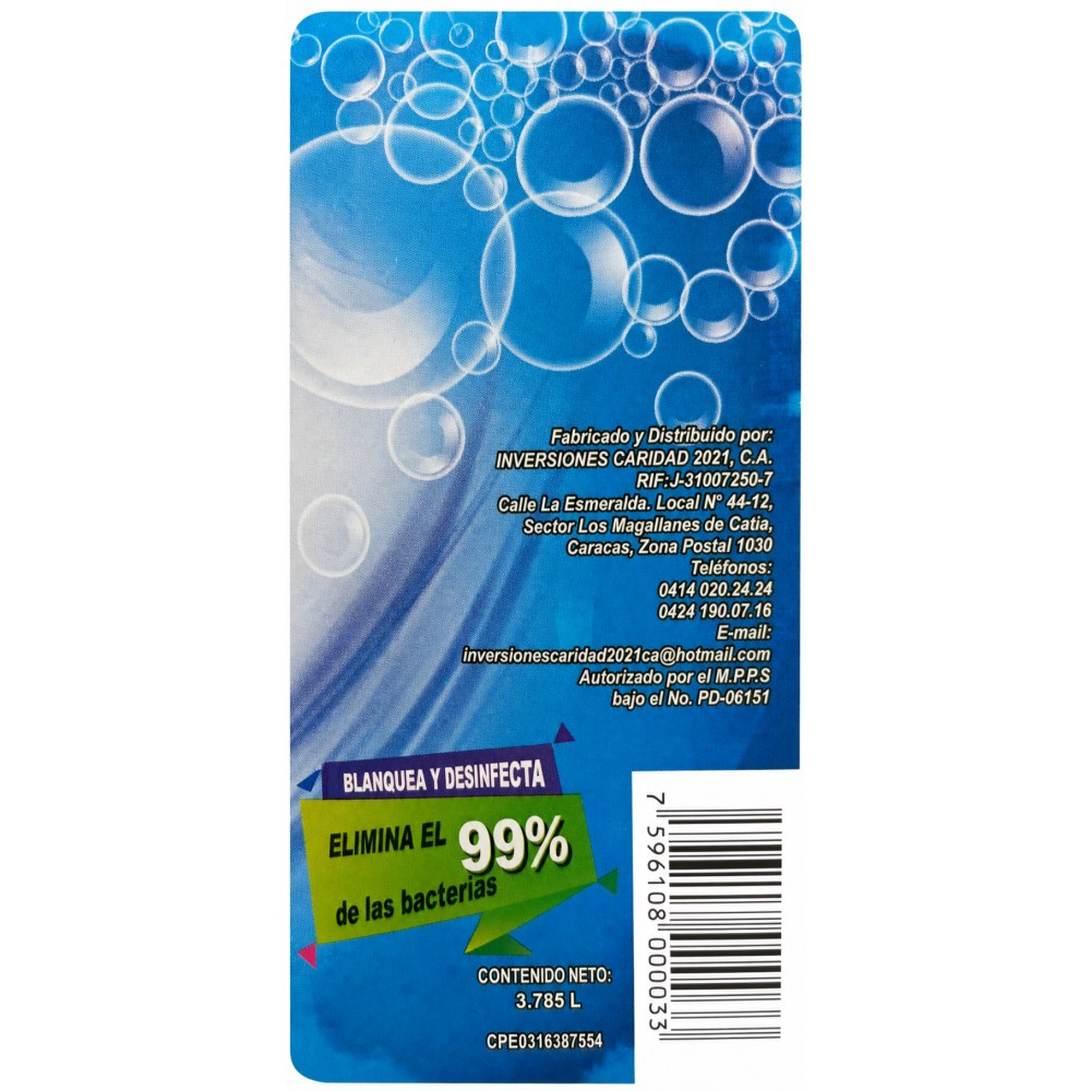 Otro lado del empaque de Cloro Carol Freshclean - 3,785 Litros