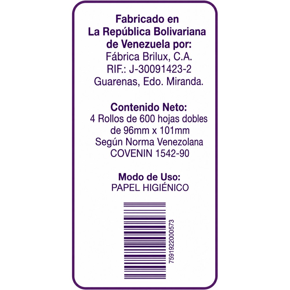 Otro lado del empaque de Papel Higiénico Brilux Tessa 600 Hojas Dobles - 4 Rollos