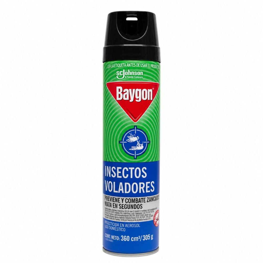 Frente del empaque de Baygon Aerosol Insectos Voladores 360 cm3
