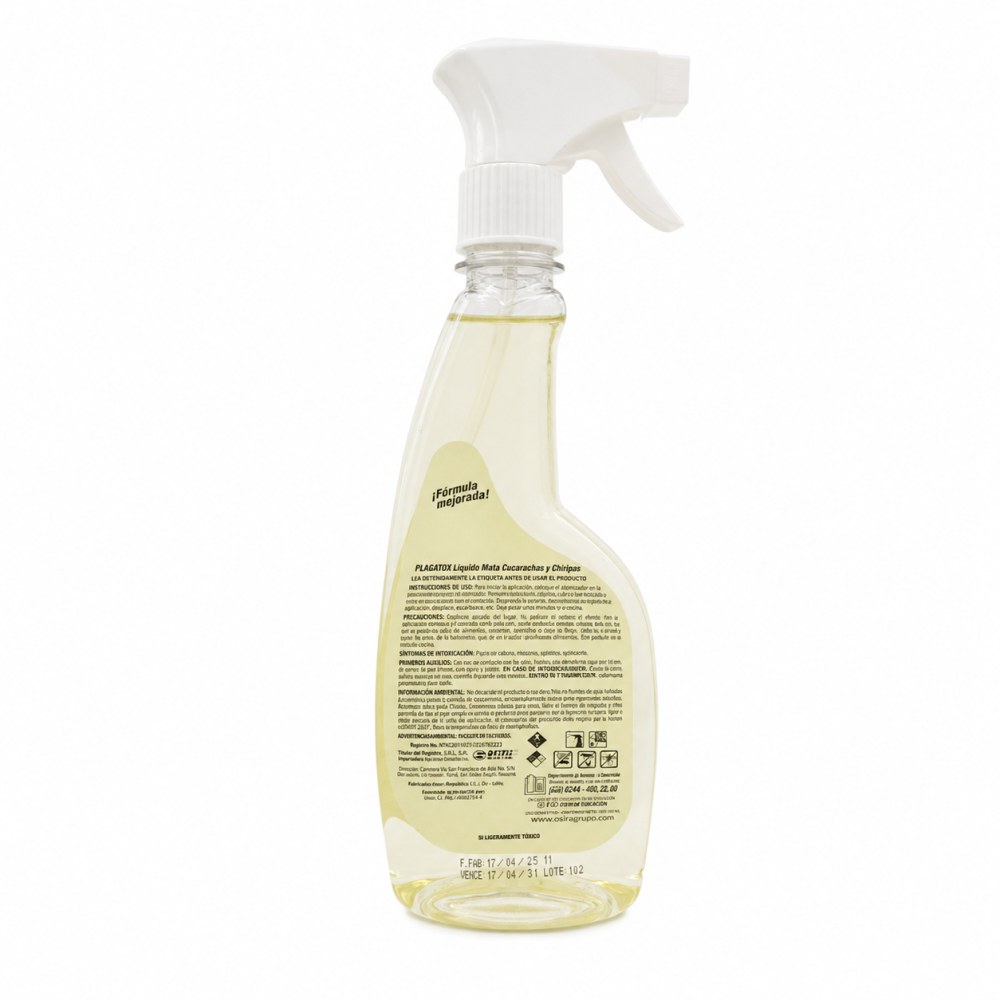 Otro lado del empaque de Plagatox Líquido Mata Cucarachas y Chiripas - 360 ml