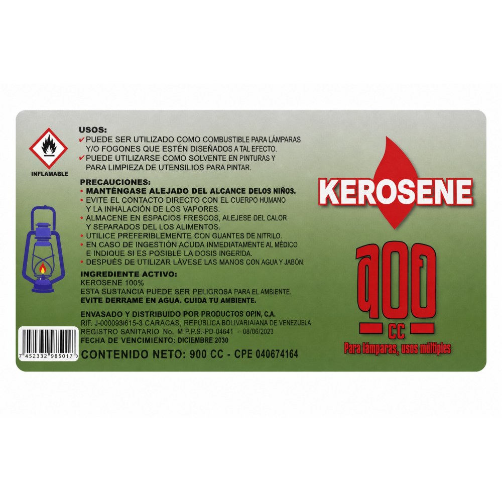 Otro lado del empaque de Kerosene Opin - 900 cc