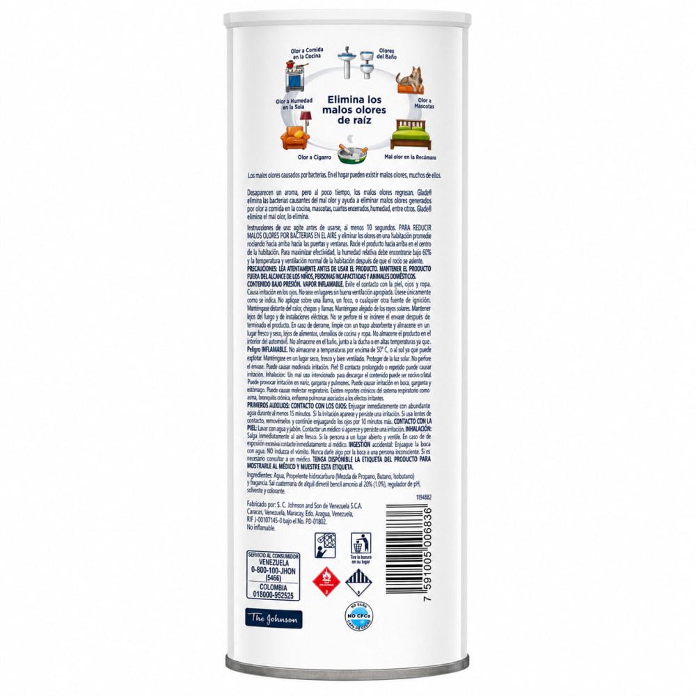 Otro lado del empaque de Glade Oust Eliminador de Olores Frescura Campestre 360 ml