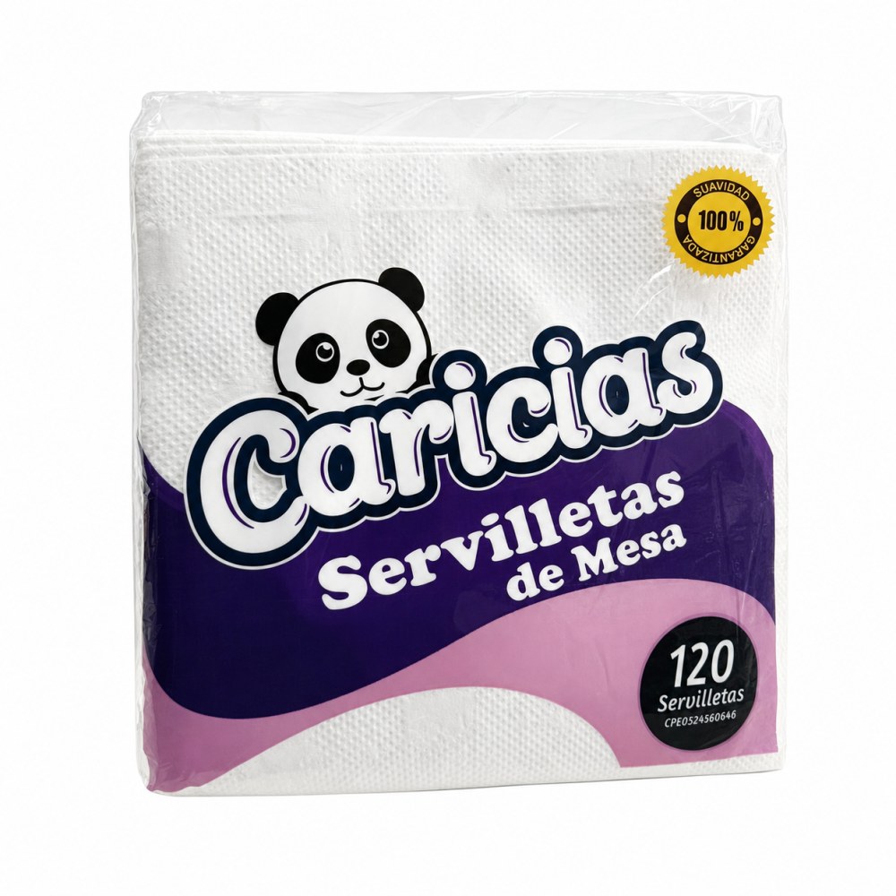 Frente del empaque de Servilletas de Mesa Caricias - 120 Servilletas