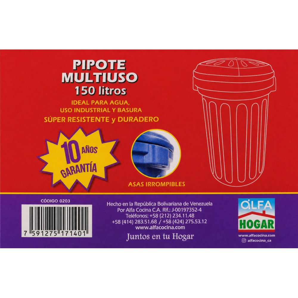 Otro lado del empaque de Pipote Multiuso Azul Alfa Hogar - 150 Litros