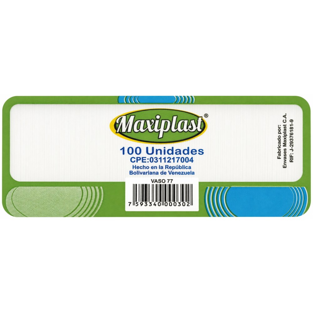 Otro lado del empaque de Vasos Plásticos Transparentes Maxiplast #77 - 7 oz - 100 Unidades