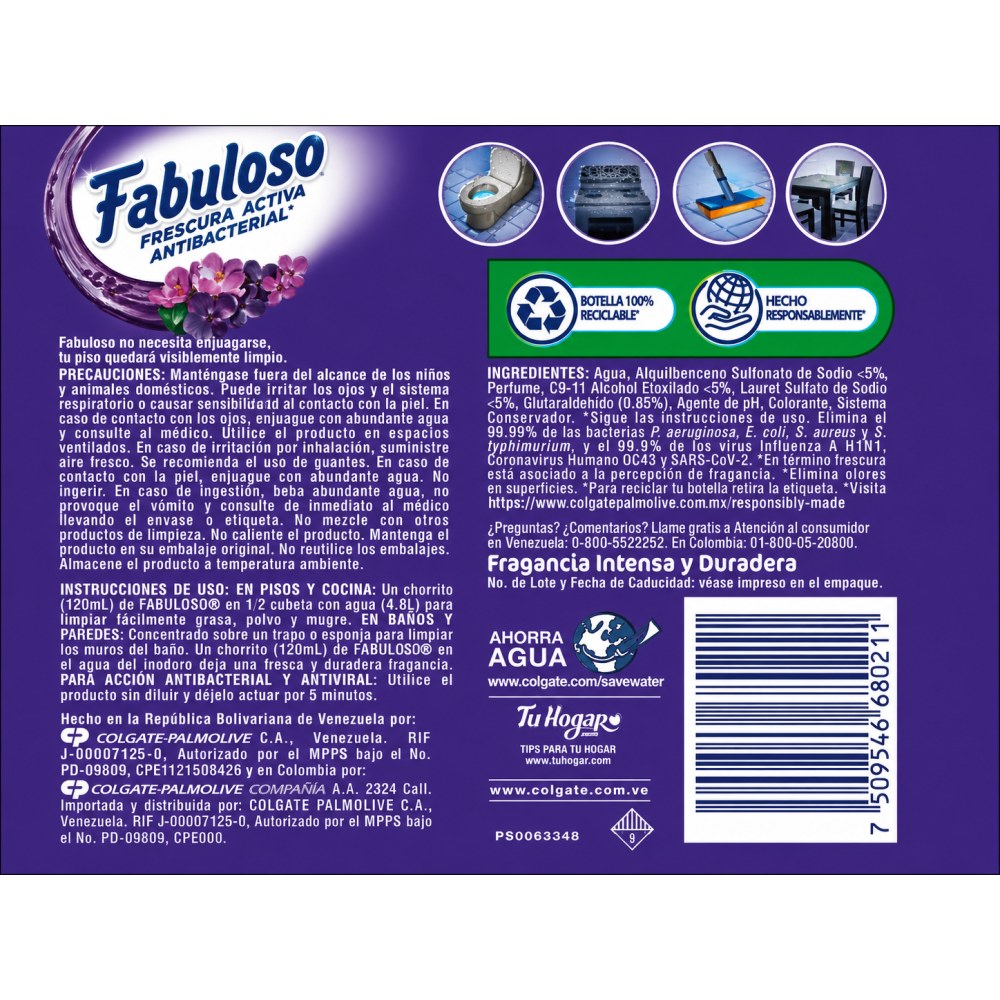 Otro lado del empaque de Fabuloso Limpiador Multiusos Ultra Frescura Lavanda – 1 Litro