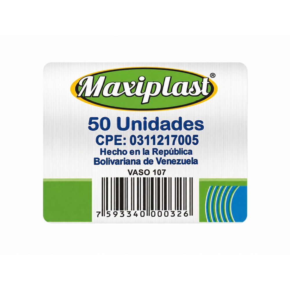 Otro lado del empaque de Vasos Plásticos Transparentes Maxiplast #107 - 10 oz - 50 Unidades