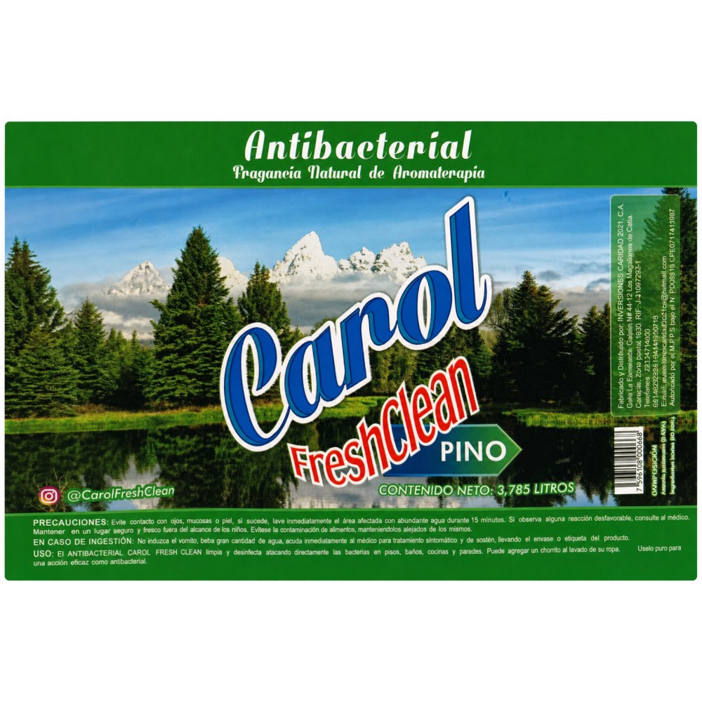 Otro lado del empaque de Antibacterial FreshClean Pino Carol - 3,785 Litros