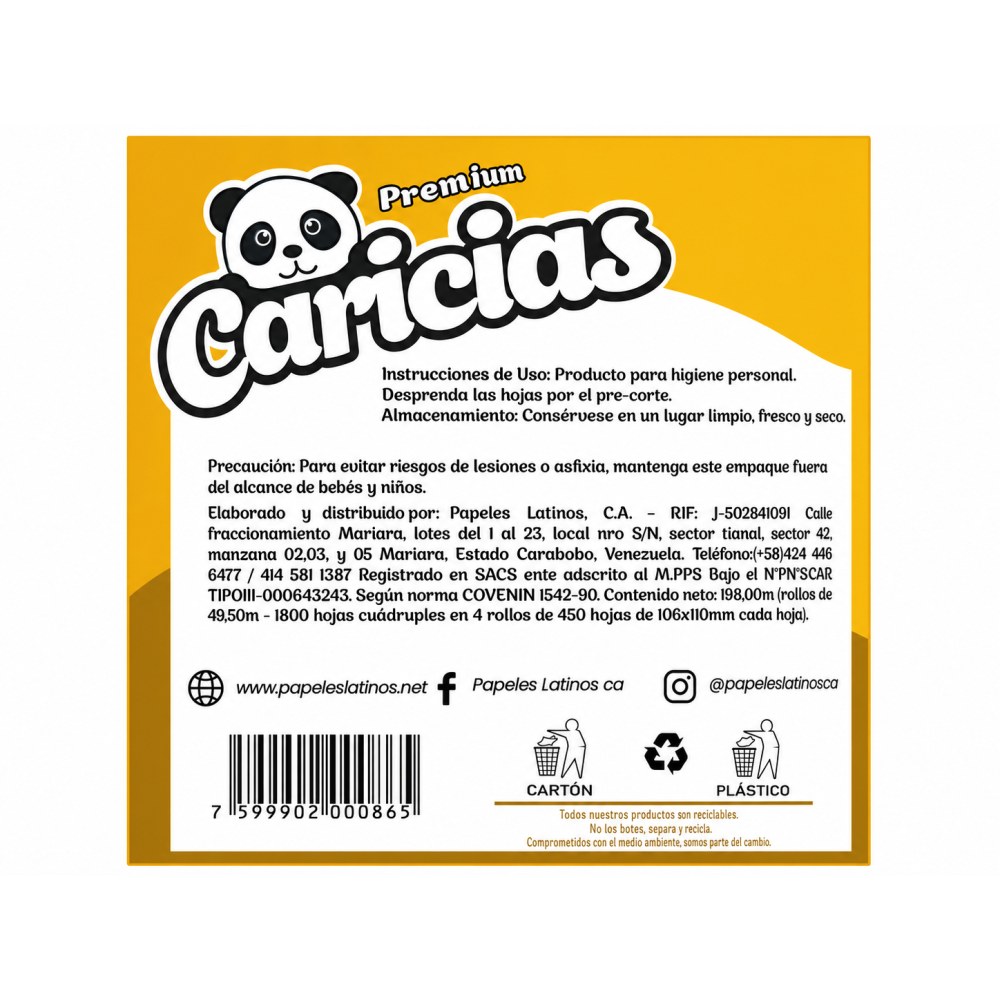 Otro lado del empaque de Papel Higiénico Caricias Premium 4 Rollos