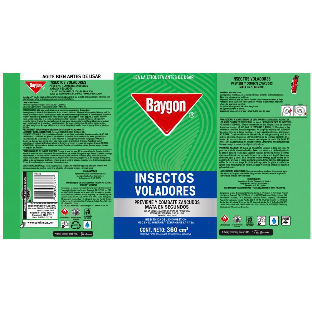 Otro lado del empaque de Baygon Aerosol Insectos Voladores 360 cm3