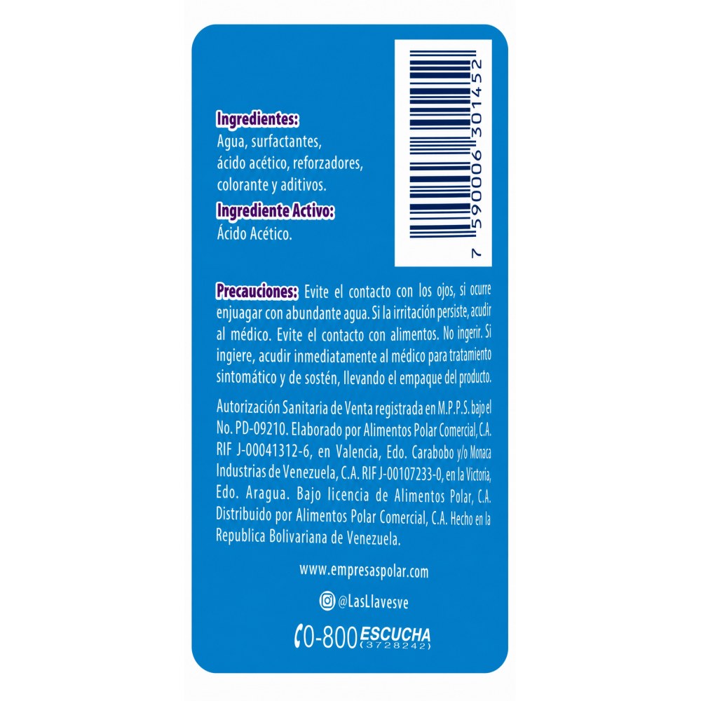 Otro lado del empaque de Las Llaves Limpiador de Superficies - Fragancia Frescura Relajante - 1 Litro