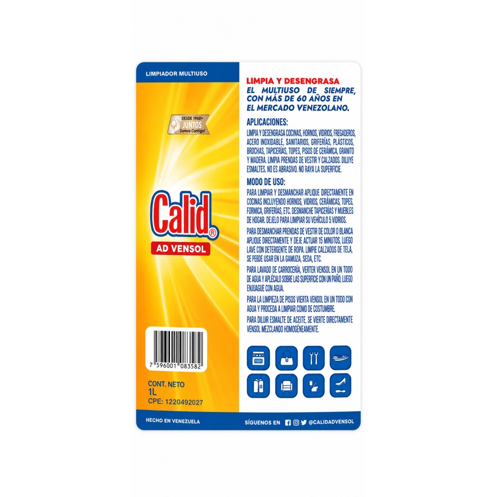 Otro lado del empaque de Vensol Desmanchador Multiuso - 1 Litro