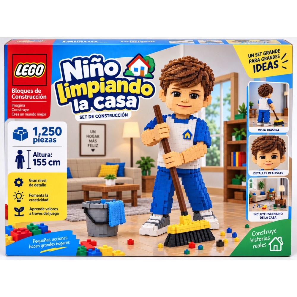 Frente del empaque de Lego - Niño Limpiado La Casa