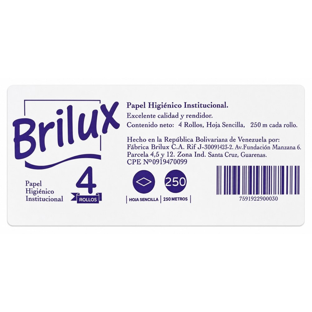 Otro lado del empaque de Papel Higiénico Institucional Brilux 4 Rollos Hoja Sencilla - 250 Metros