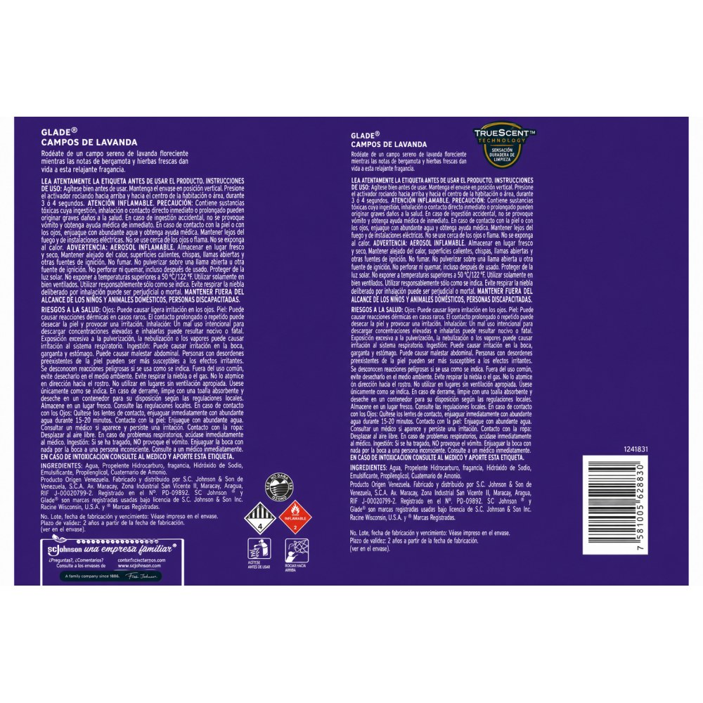 Otro lado del empaque de Glade Aromatizante en Aerosol Campos de Lavanda 360 ml