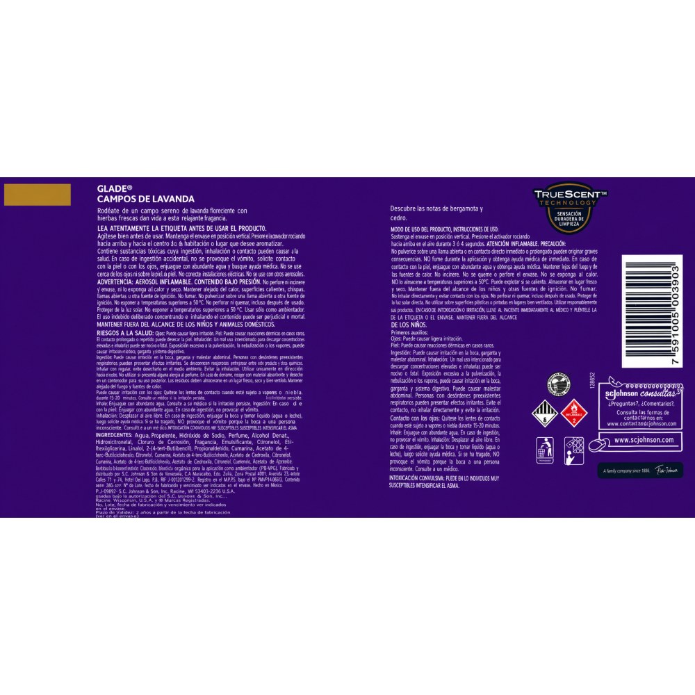 Otro lado del empaque de Glade Aromatizante en Aerosol Campos de Lavanda - 235 ml