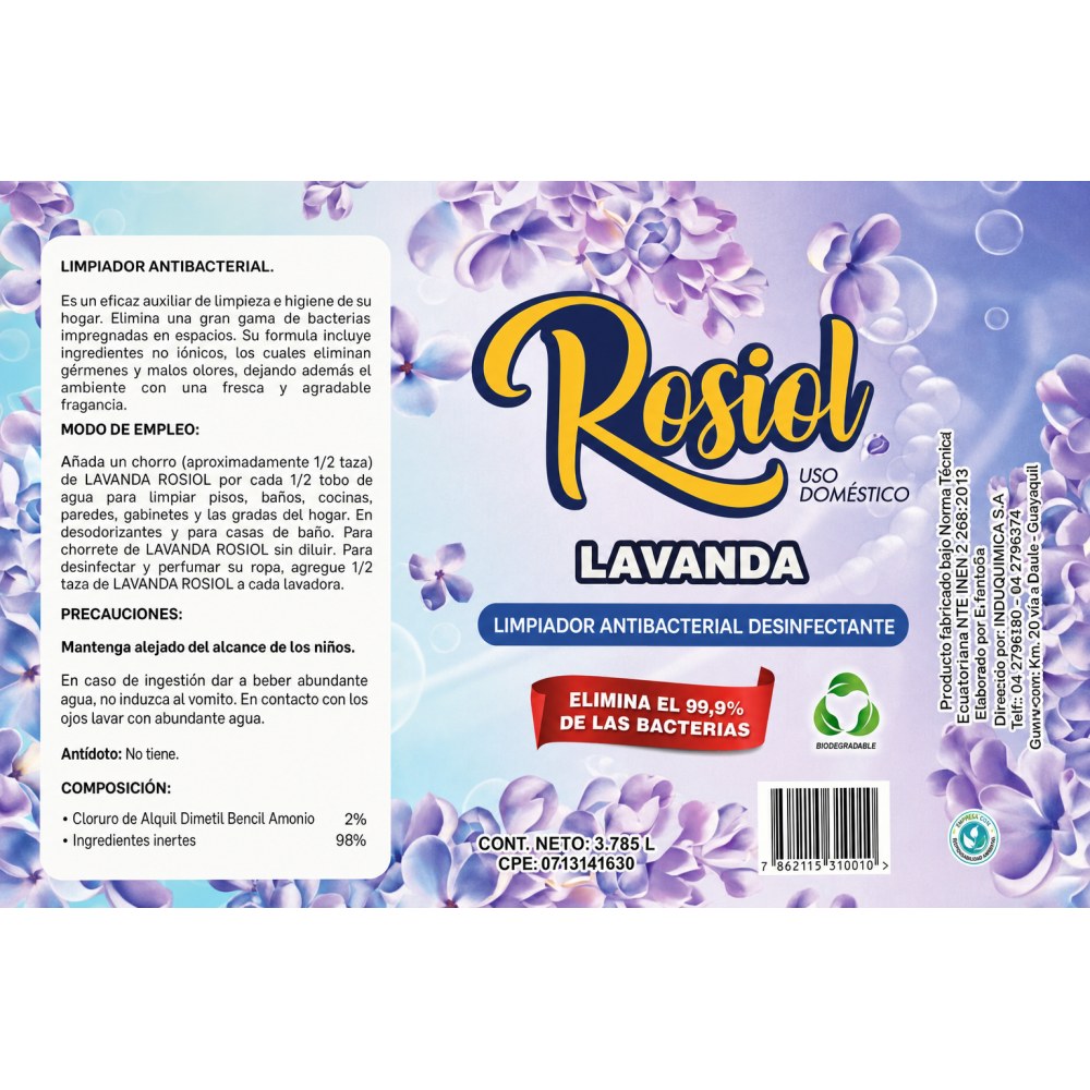 Otro lado del empaque de Limpiador Antibacterial Rosiol Lavanda - 20 Litros