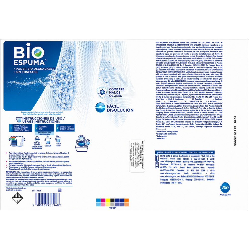 Otro lado del empaque de Detergente en Polvo Bio Espuma Ariel - 2 Kilos