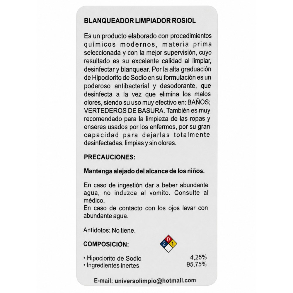 Otro lado del empaque de Cloro Blanqueador Limpiador Rosiol – 3.785 Litros