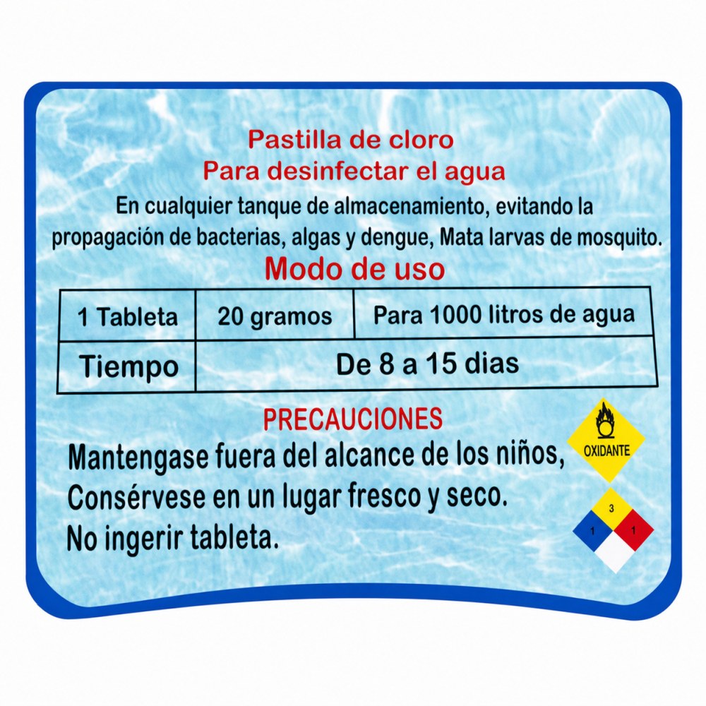 Otro lado del empaque de Pastilla de Cloro TanquideX 20 Gramos Para Tanque de 1000 Litros