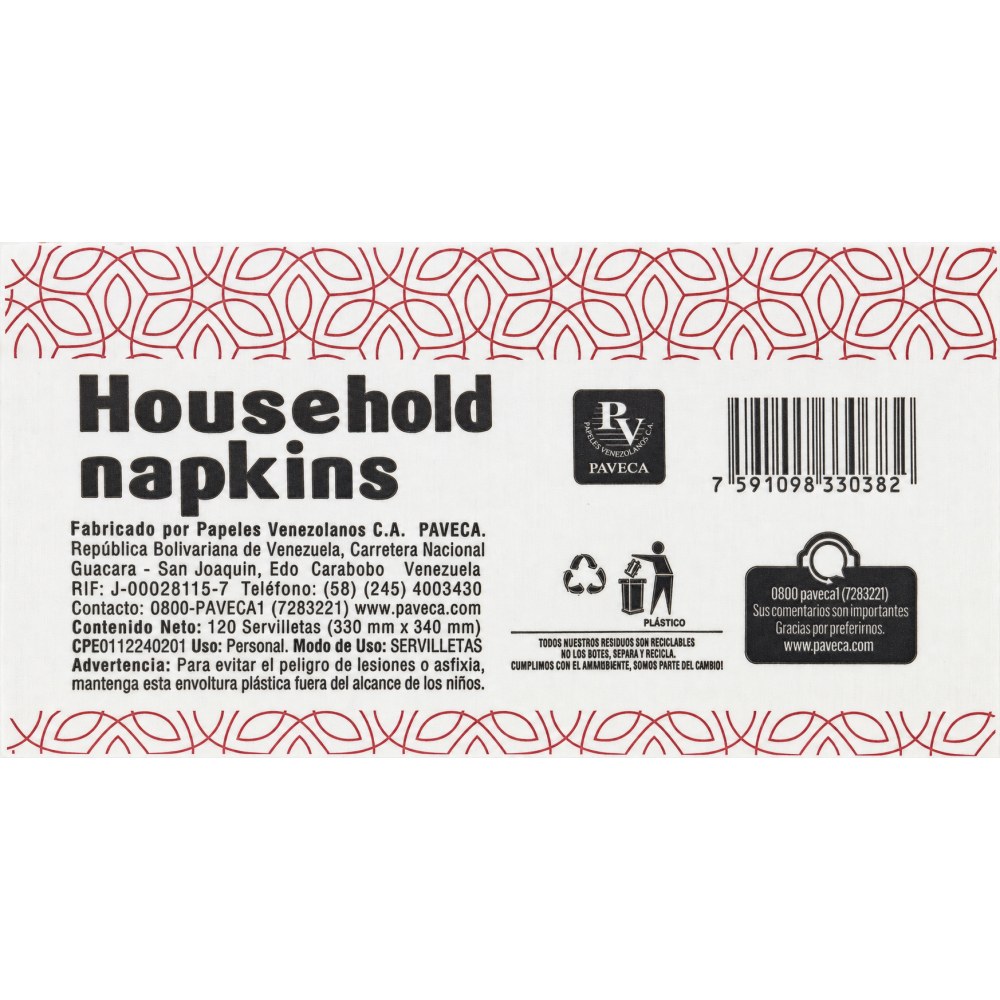 Otro lado del empaque de Servilletas de Mesa Household Napkins - 120 Unidades