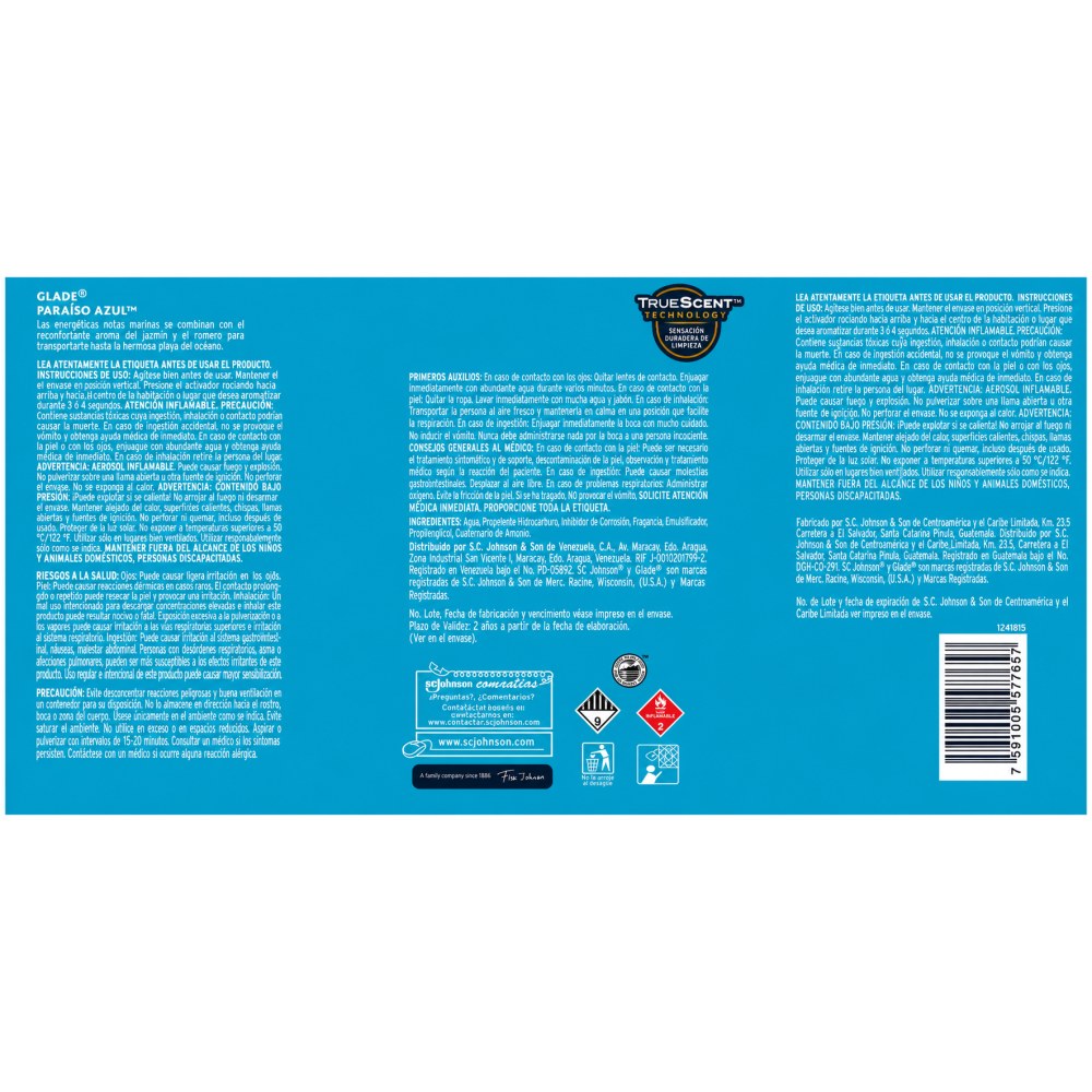 Otro lado del empaque de Glade Aromatizante en Aerosol Paraíso Azul 360 ml