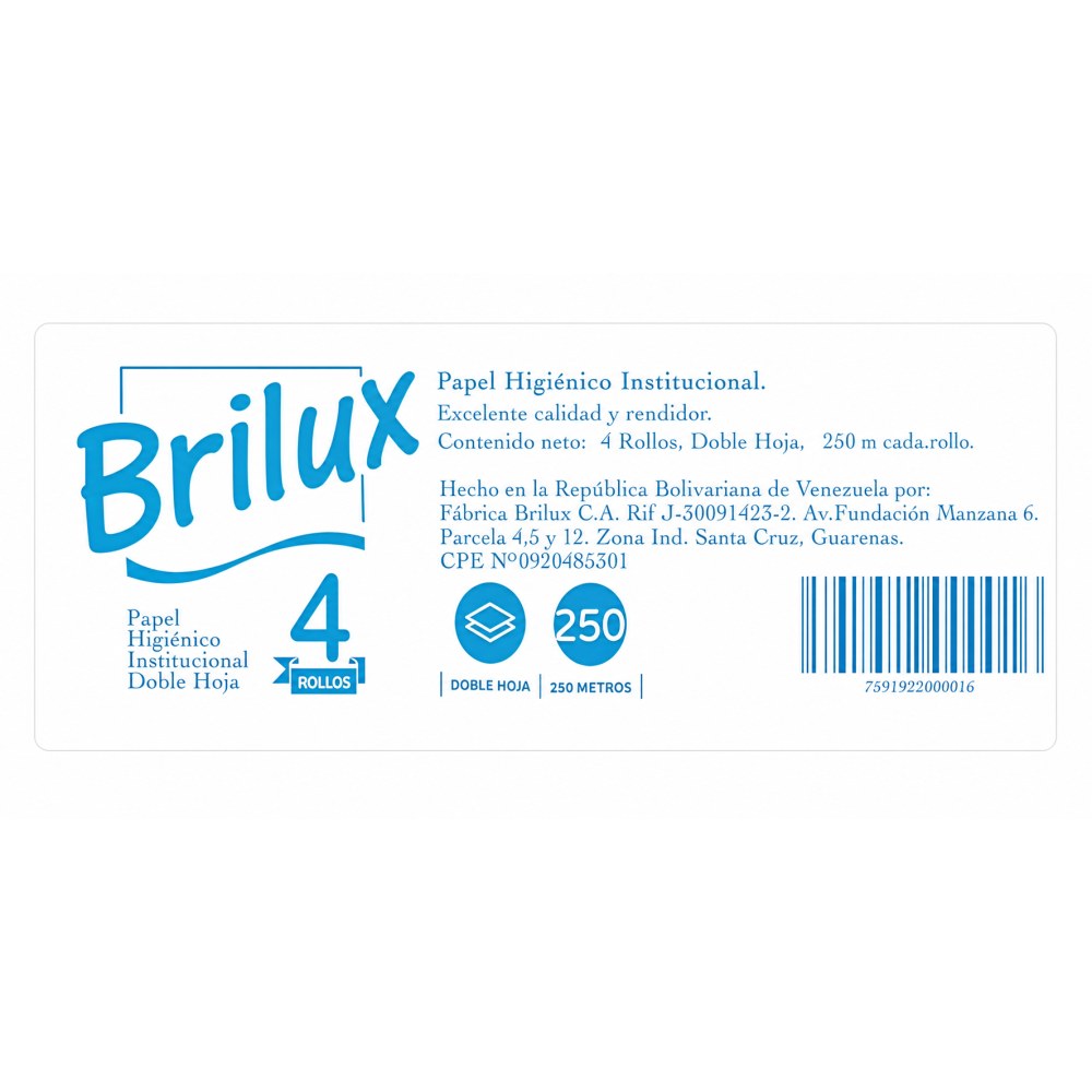 Otro lado del empaque de Papel Higiénico Institucional Brilux 4 Rollos Doble Hoja - 250 Metros