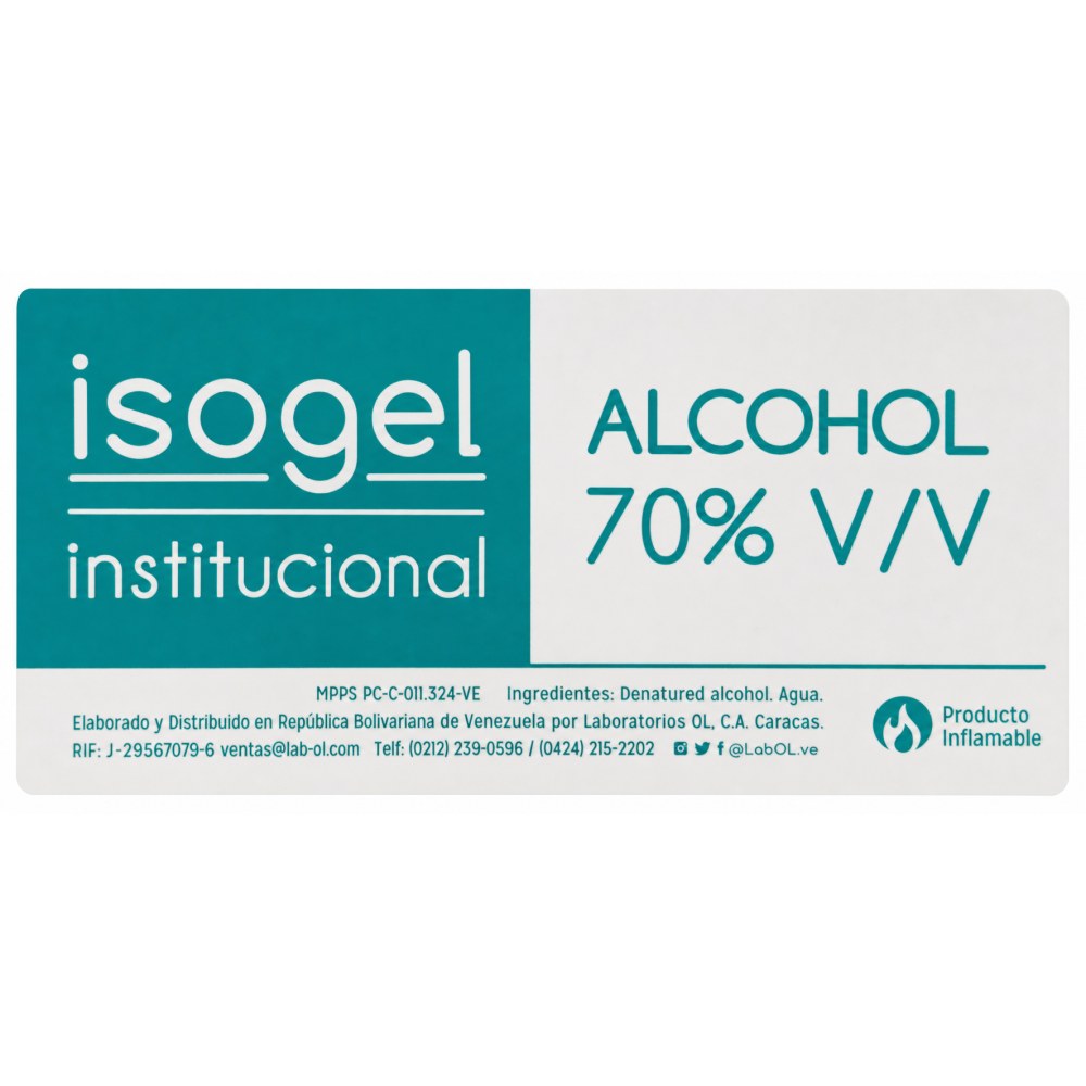Otro lado del empaque de Alcohol Isogel 70% V/V Institucional